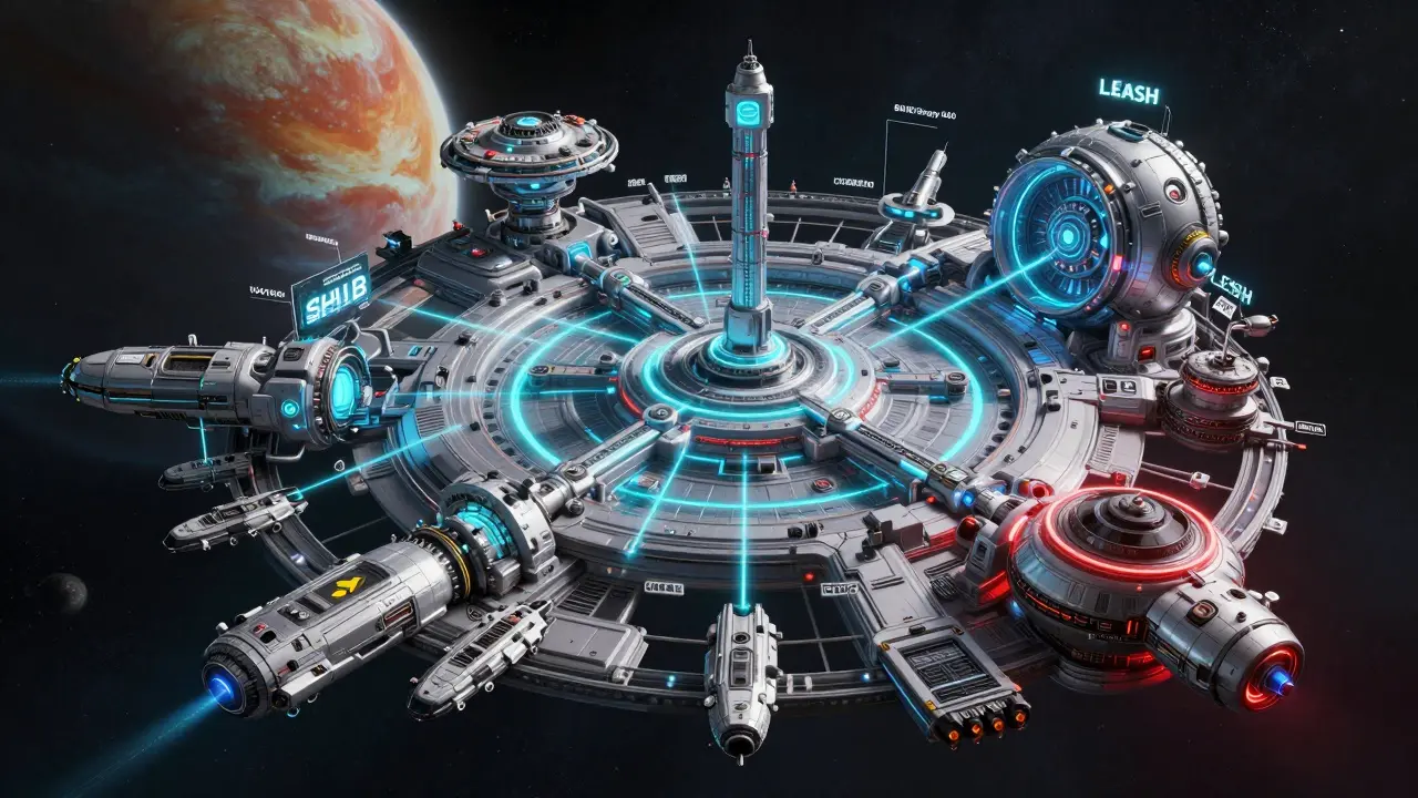 Futuristic space station representing the ShibaSwap DeFi ecosystem modules