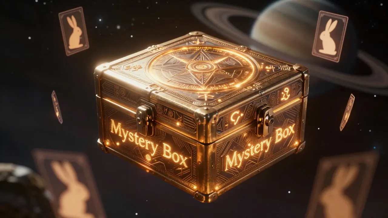 Glowing mysterious box floating in space containing crypto rewards