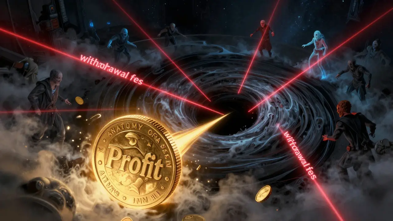 Golden coins sucked into a black hole vortex representing crypto scams