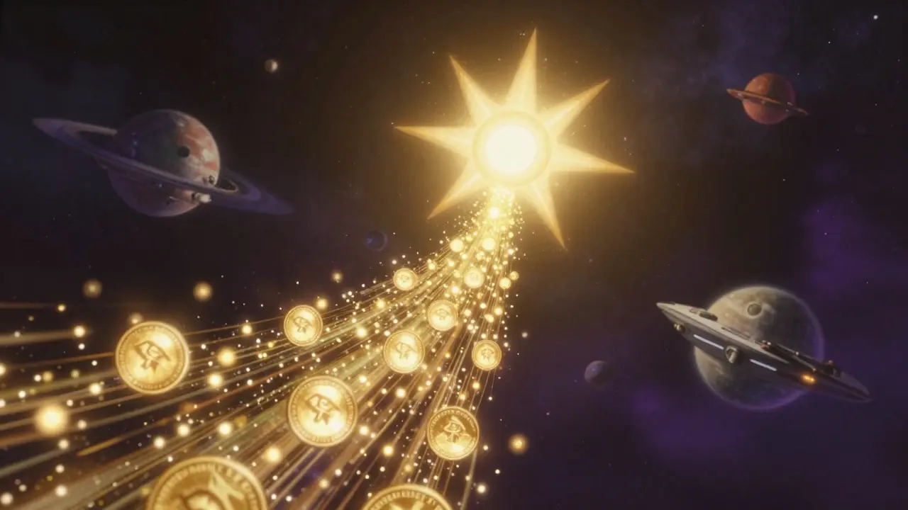 Golden light particles flowing through space representing charitable crypto aid