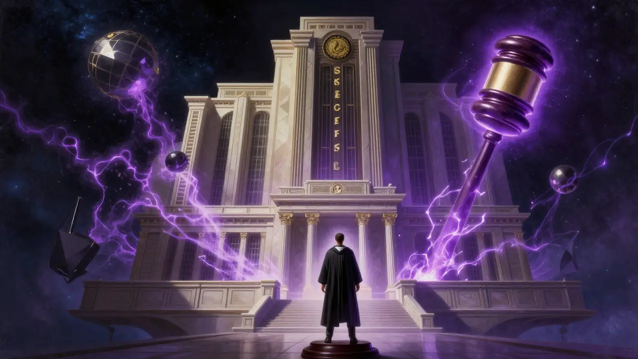 Lone defender facing giant cosmic judge in space opera courtroom