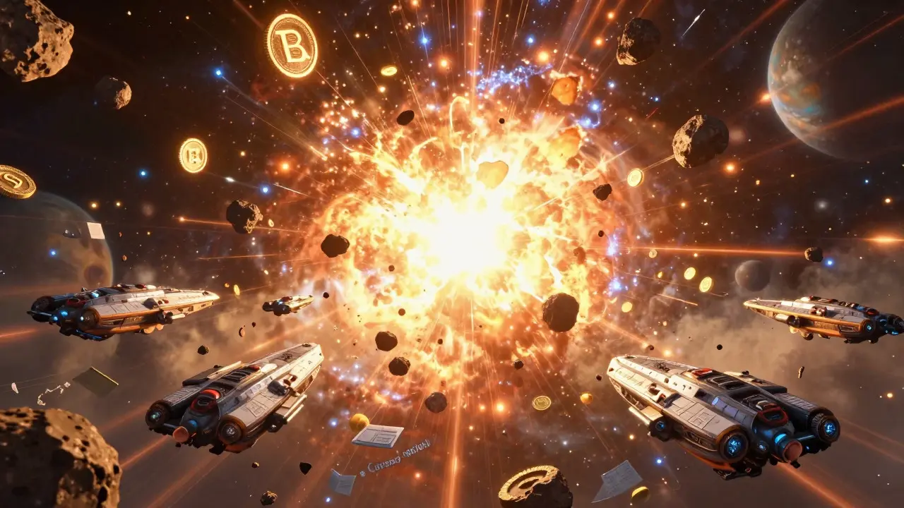 Massive cosmic token distribution event showering starships with glowing coins in deep space.