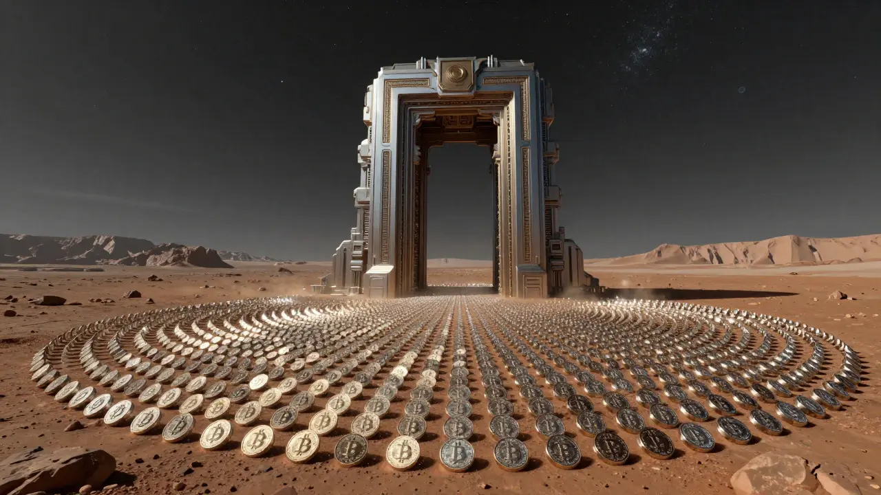 Massive vault on Mars surrounded by infinite dust motes symbolizing huge supply