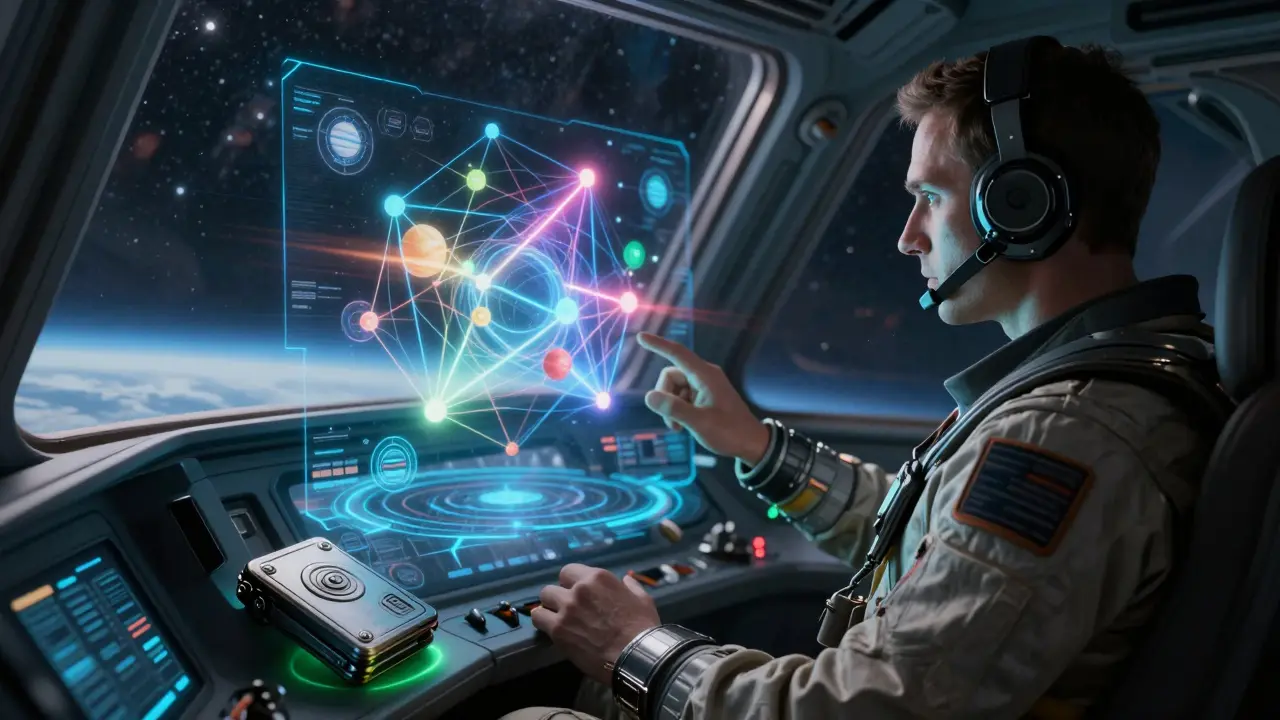 Pilot in spaceship cockpit performing secure cross-chain crypto swap via hologram