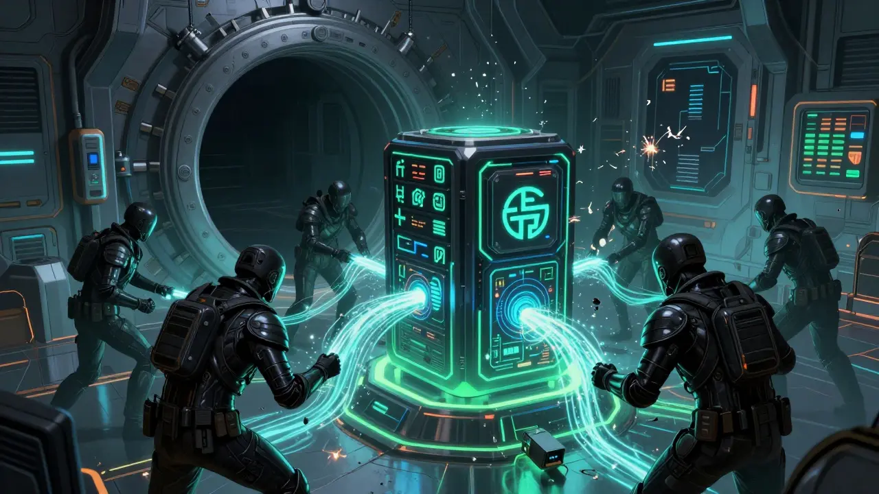 Rogue operators stealing data from an unguarded server in a cyberpunk space station, symbolizing hacks.