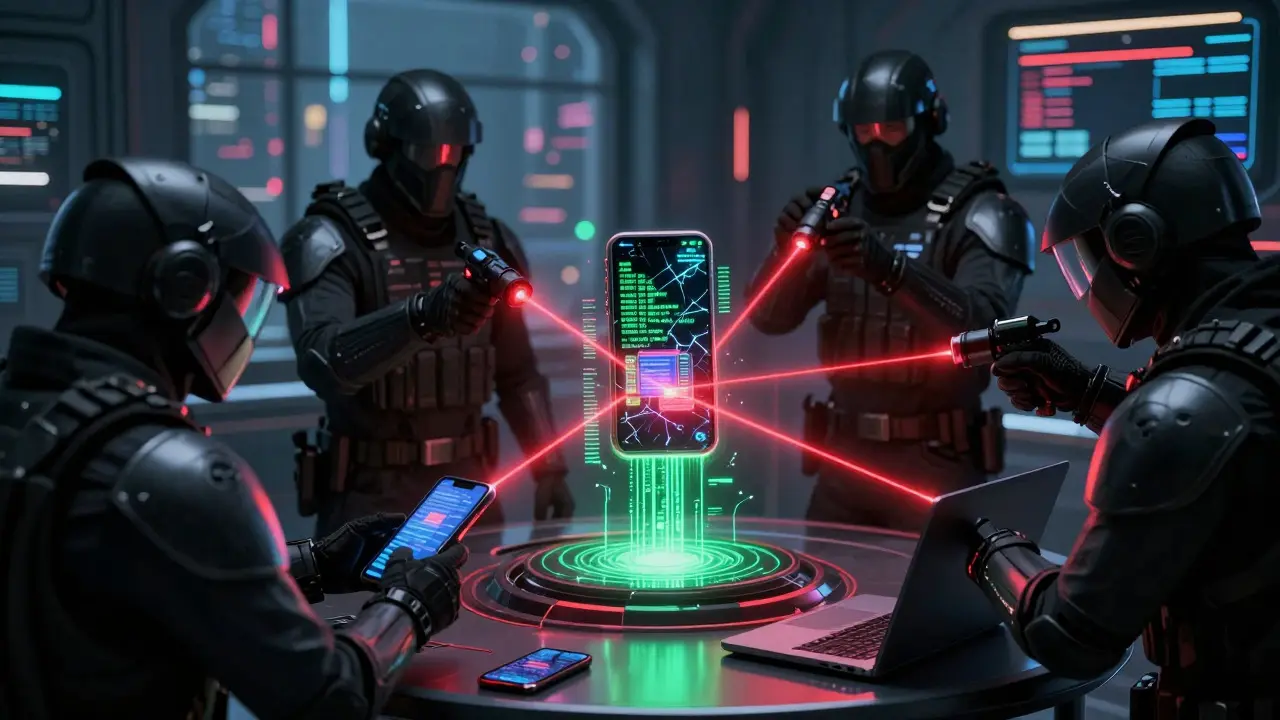 Sci-fi agents scanning devices for hidden crypto data in interrogation room
