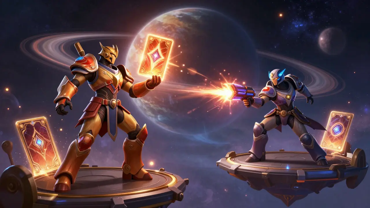 Sci-fi avatars battling with glowing dream cards in a zero-gravity arena