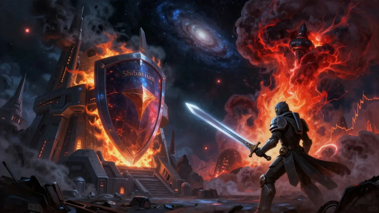 Sci-fi guardian defending a Shibarium fortress against cosmic market volatility