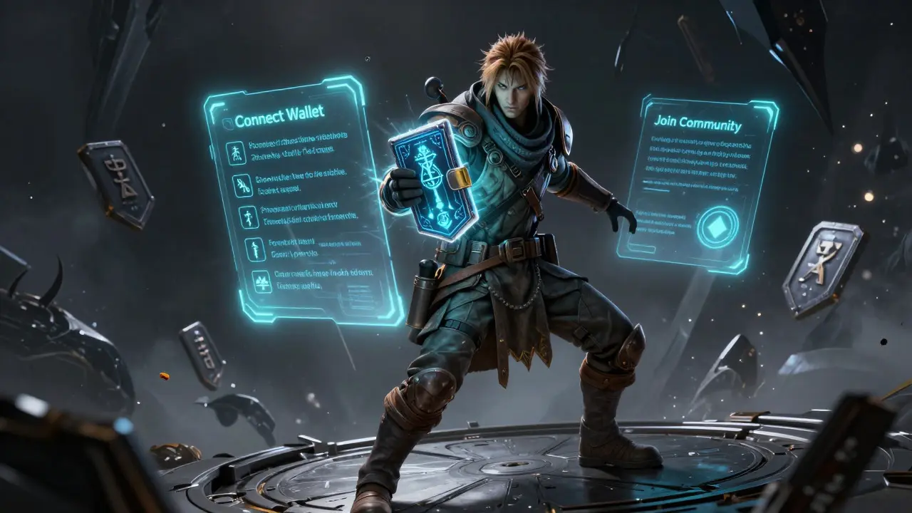 Sci-fi warrior securing a digital wallet amidst holographic quests and shadowy phishing threats.