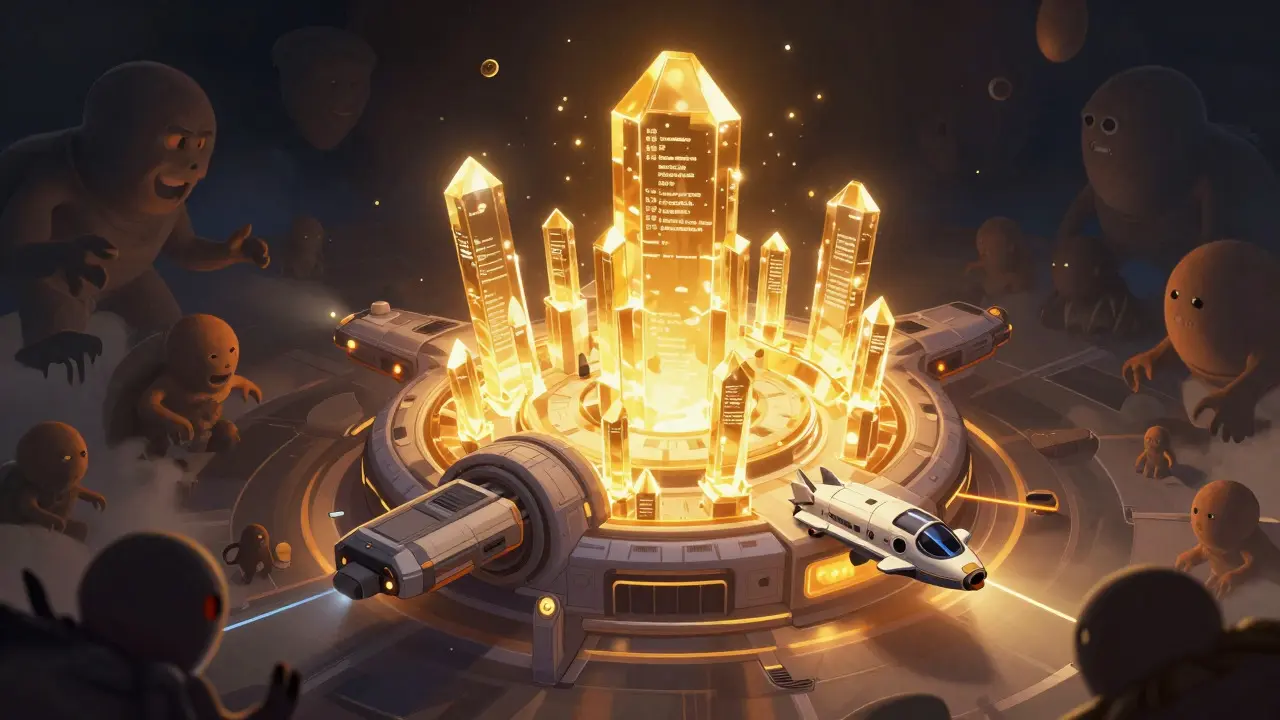 Secure space station with golden light vs shadowy scam monsters