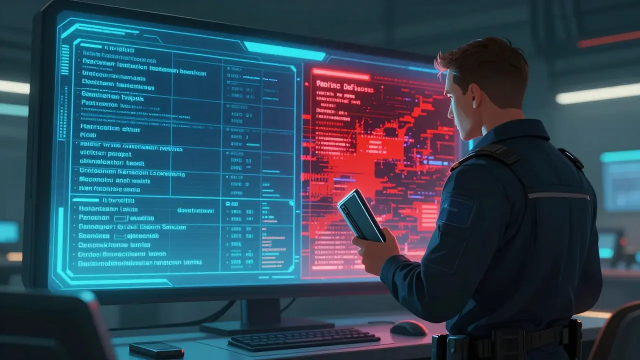 Security officer analyzing blockchain data to distinguish real projects from scams