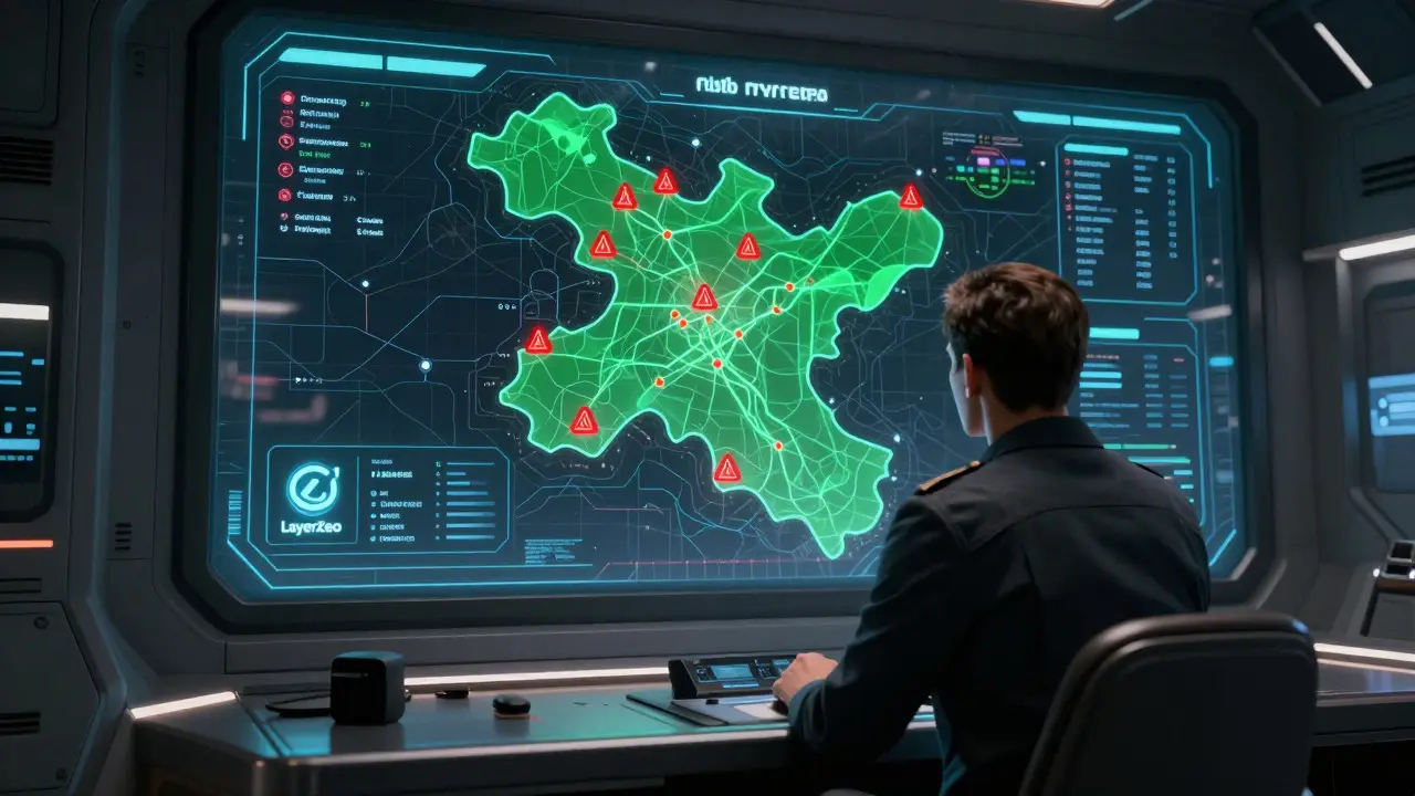 Spaceship command center displaying a strategic map of crypto risks and rewards.