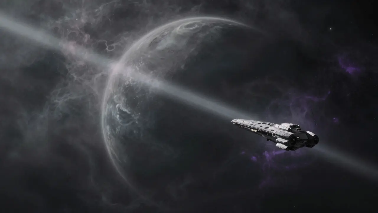Spaceship hovering near a shrouded planet representing opaque data