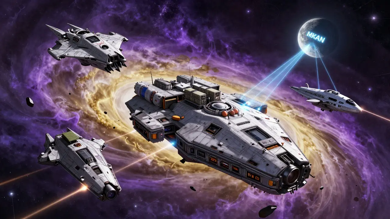 Three distinct ships orbiting a damaged hub, symbolizing successor platforms