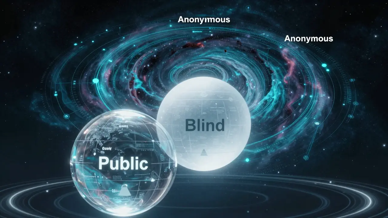 Three layered orbs representing public, blind, and anonymous crypto transactions