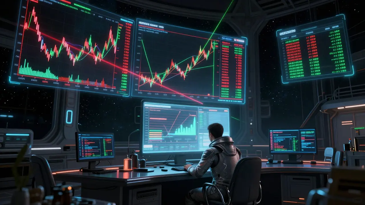 Trader analyzing volatile crypto charts in a sci-fi space station