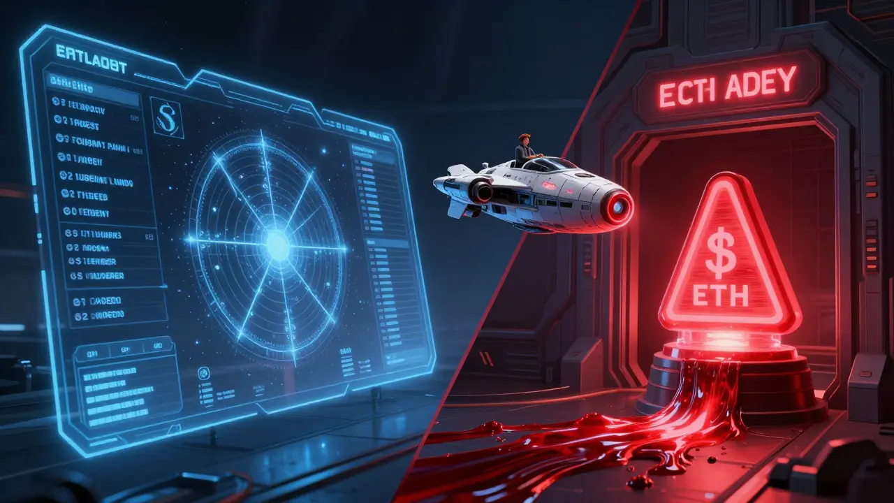 Trader choosing between low-fee order book path and high-fee withdrawal portal in space opera