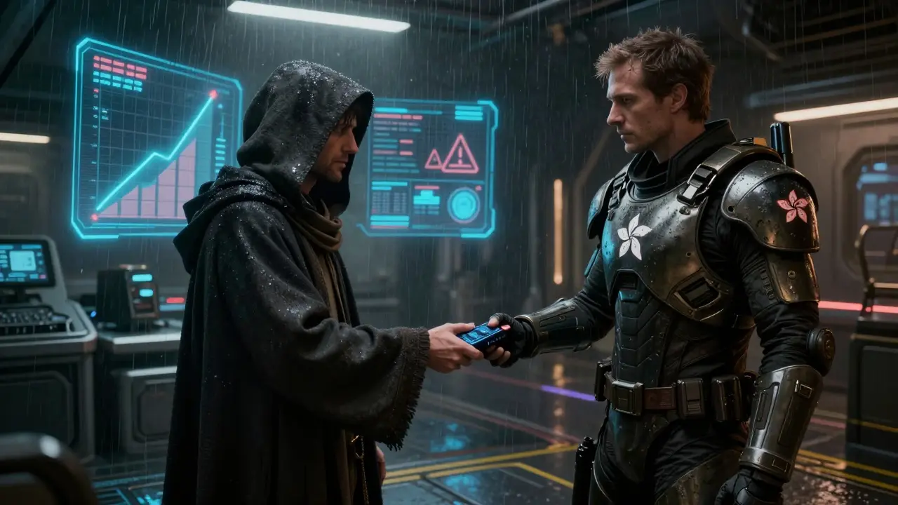 Trader handing data drive to agent in a dark, high-tech docking bay