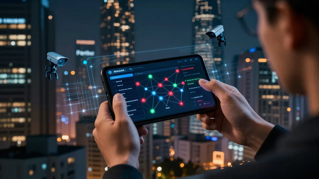 Trader manipulating multi-blockchain wallet interface with banned/accessible nodes, surrounded by surveillance lasers and exchange-branded skyscrapers in background.