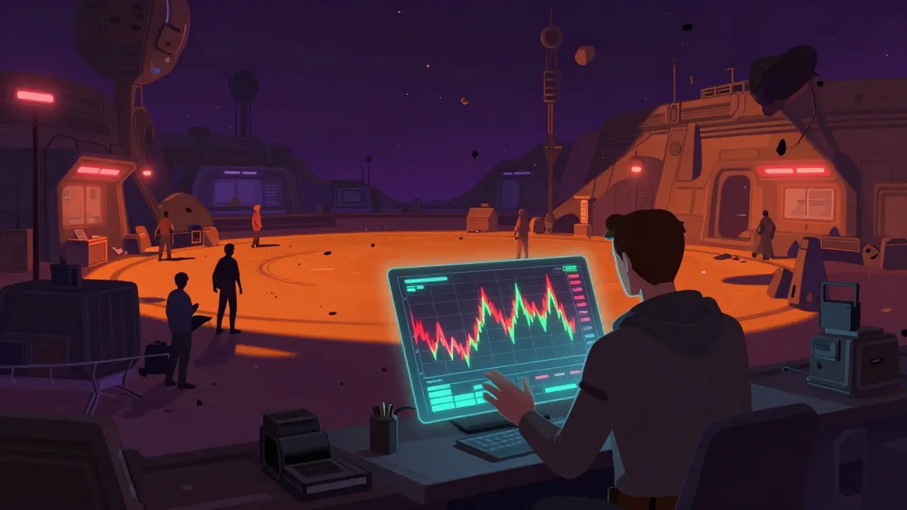 Trader viewing volatile charts in an empty, chaotic space station market
