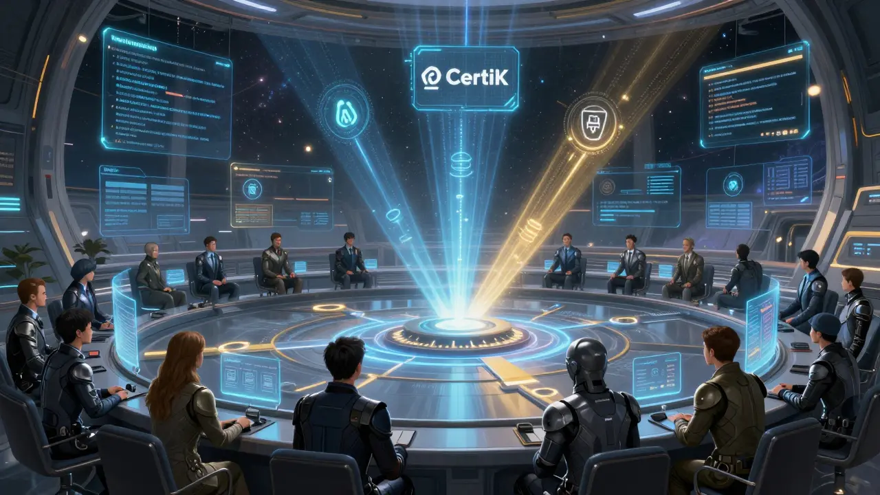 Traders verifying smart contracts in a futuristic council chamber