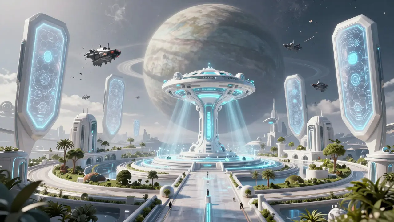 A fortified celestial city with energy shields protecting against scams in a sci-fi setting