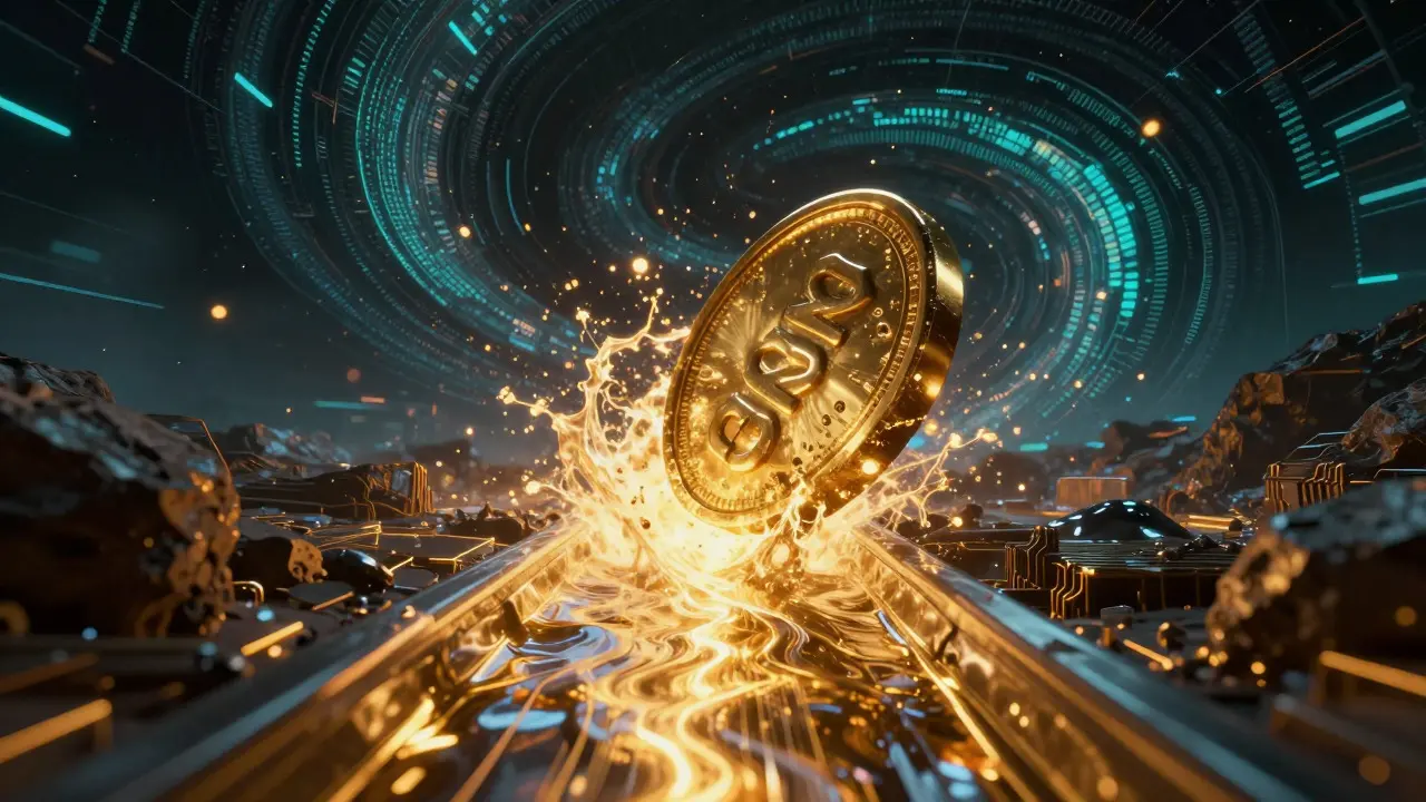 A heavy cosmic token struggling through a narrow, turbulent channel of golden energy light