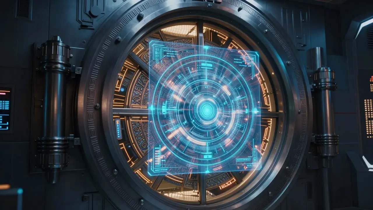 A massive secure vault door with glowing circuit patterns and holographic shields