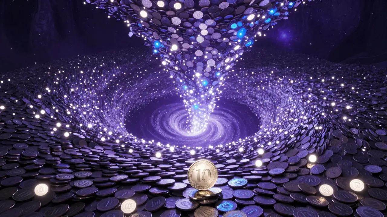 A vast vortex of countless tiny glowing coins in a dark cosmic space