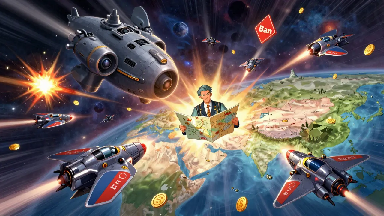 Agile starfighters navigating a cosmic field of taxes and bans in a space opera scene.