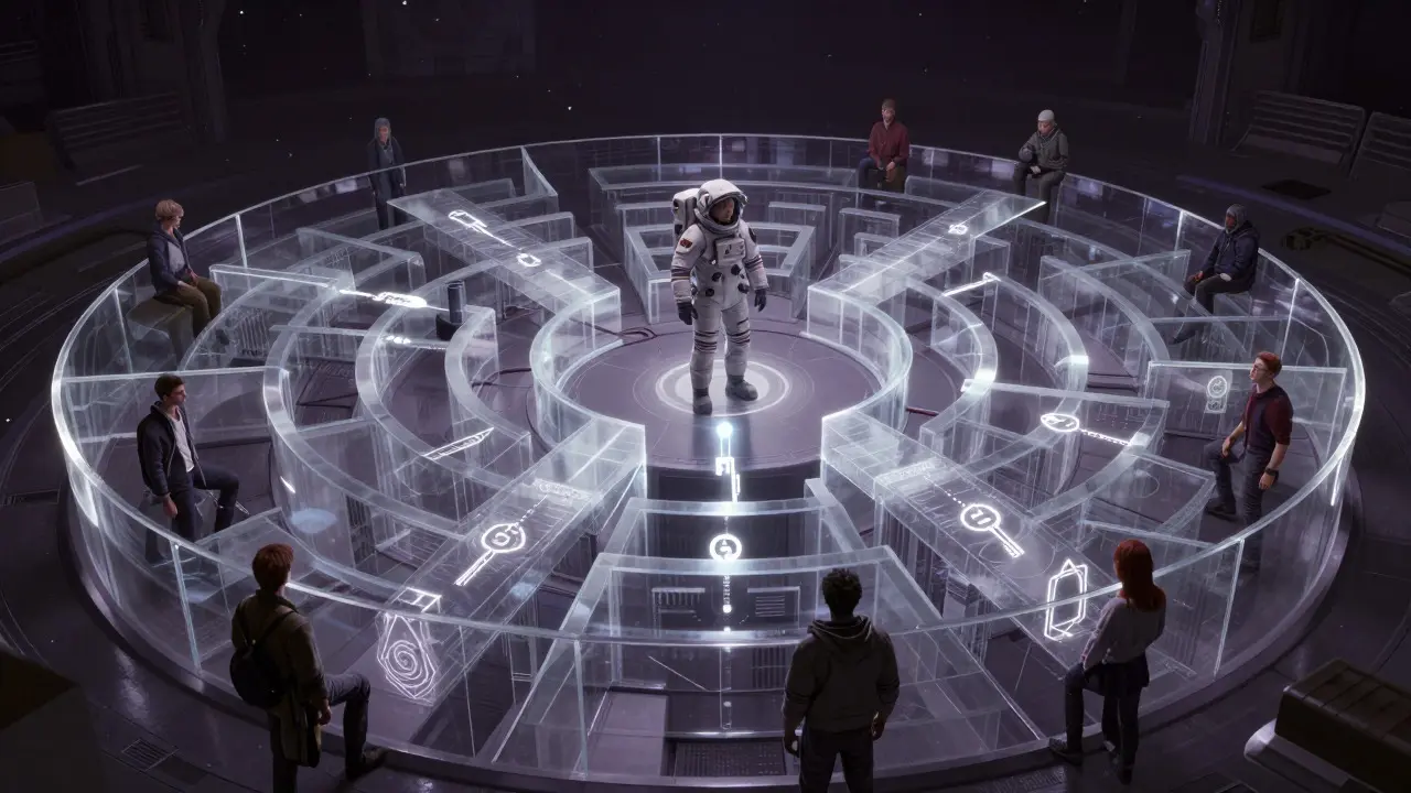 An astronaut trapped in a complex, circular light maze representing onboarding difficulties