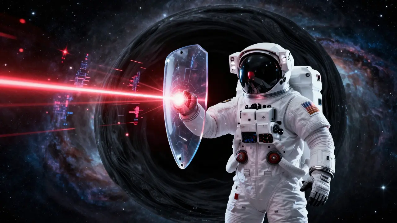An astronaut using a shield to block red lasers and glitches in deep space.