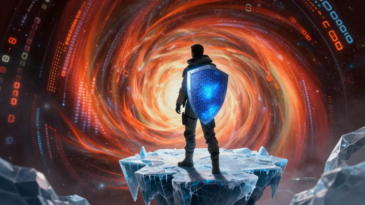 An explorer standing on an icy platform holding a protective shield amidst digital storms