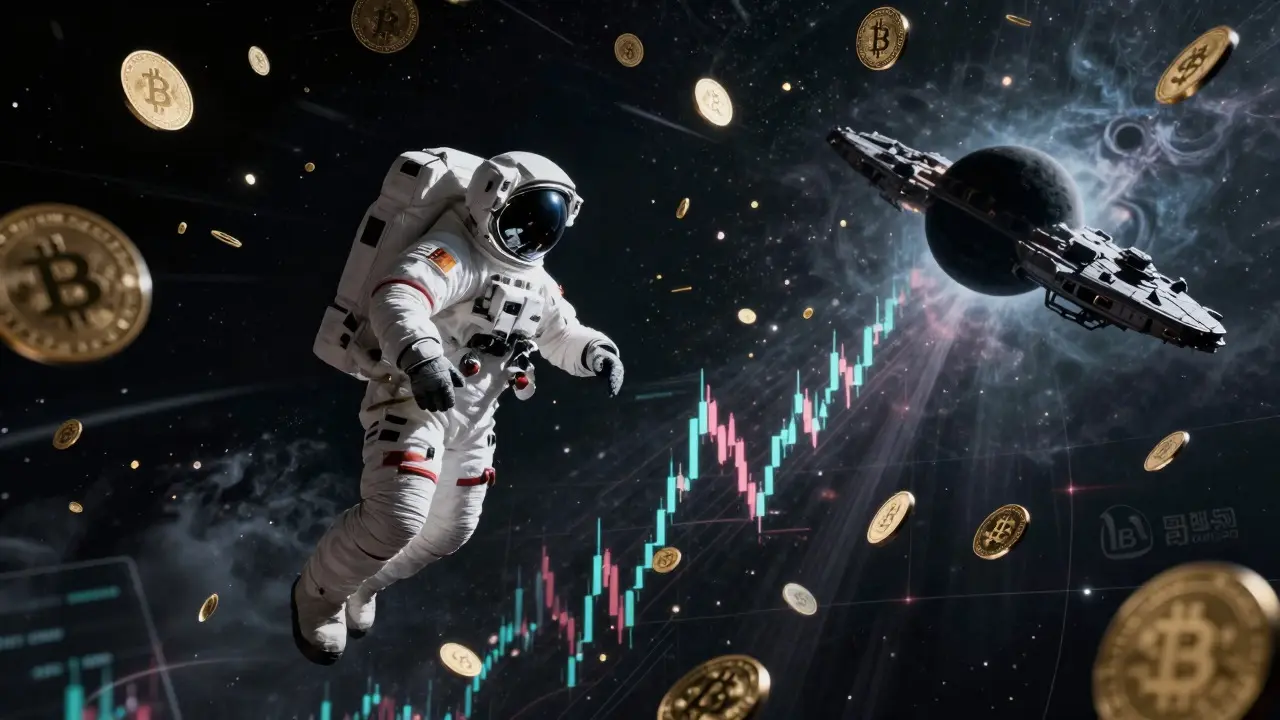 Astronaut floating near a storm of falling digital tokens and a black hole