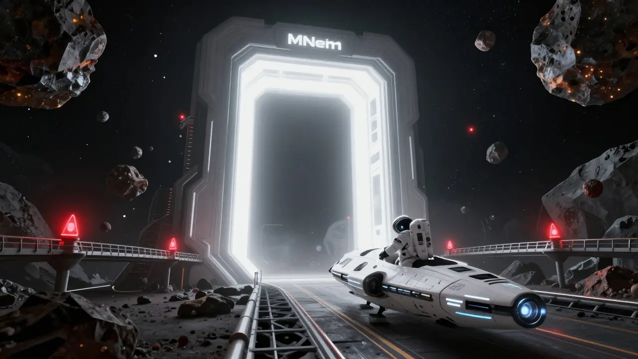 Astronaut navigating an asteroid belt toward the MNet Continuum portal, avoiding old contracts.
