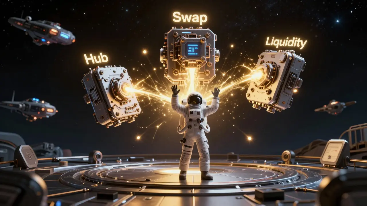 Astronaut testing three mechanical modules in zero gravity