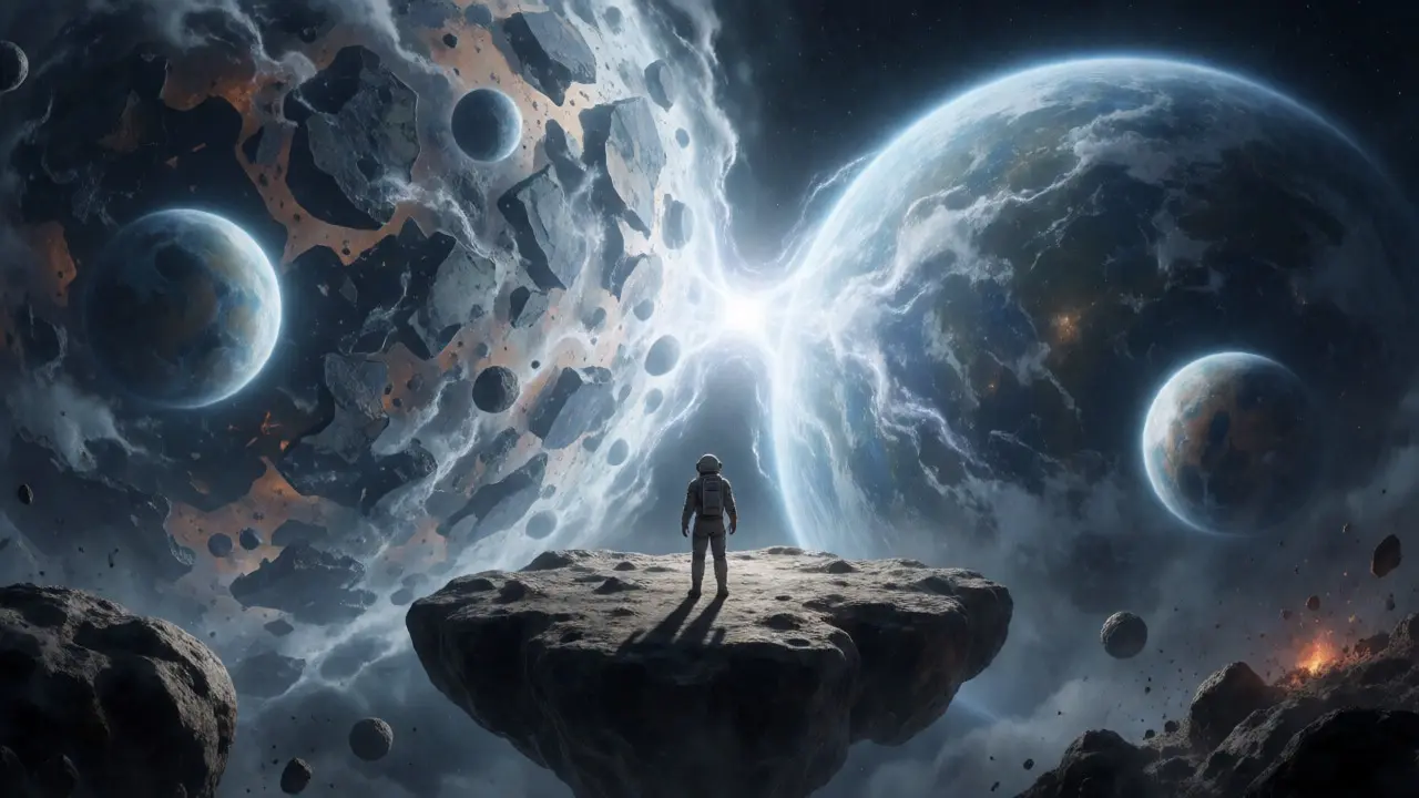 Astronaut viewing fragmented planets and a connecting gateway in space