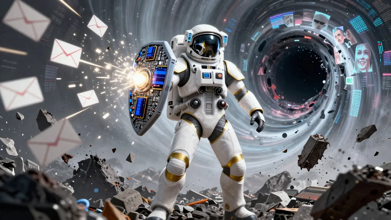 Astronaut with encryption shield defending against digital scams and deepfake debris