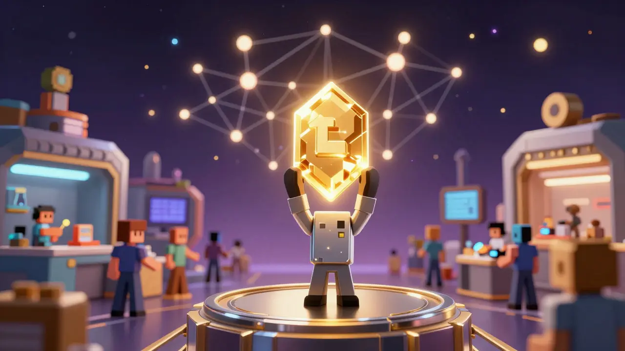 Character holding a glowing token overlooking a digital marketplace in space