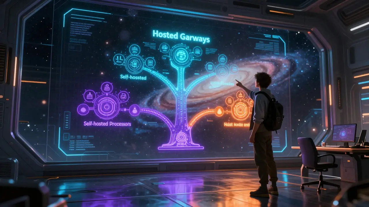 Character selecting a payment integration path from a branching cosmic tree interface