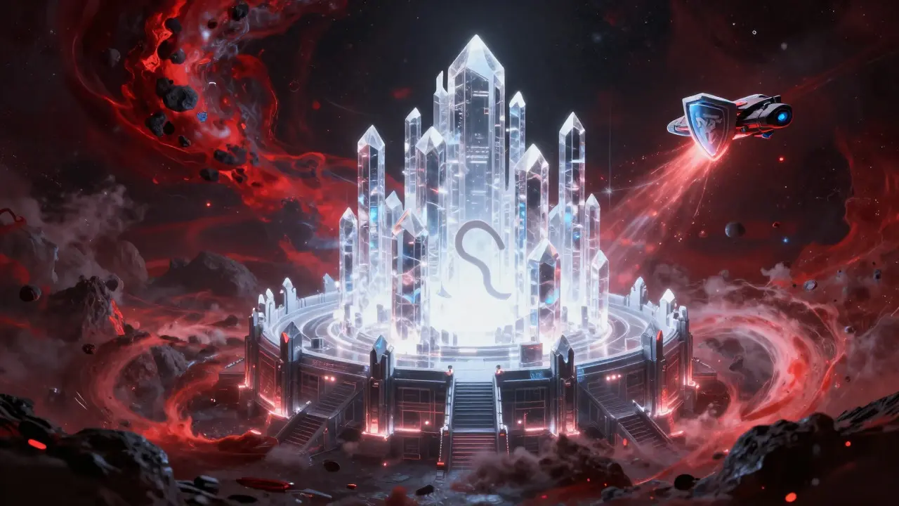 Crystal fortress protecting a core from cosmic storms, symbolizing secure key management