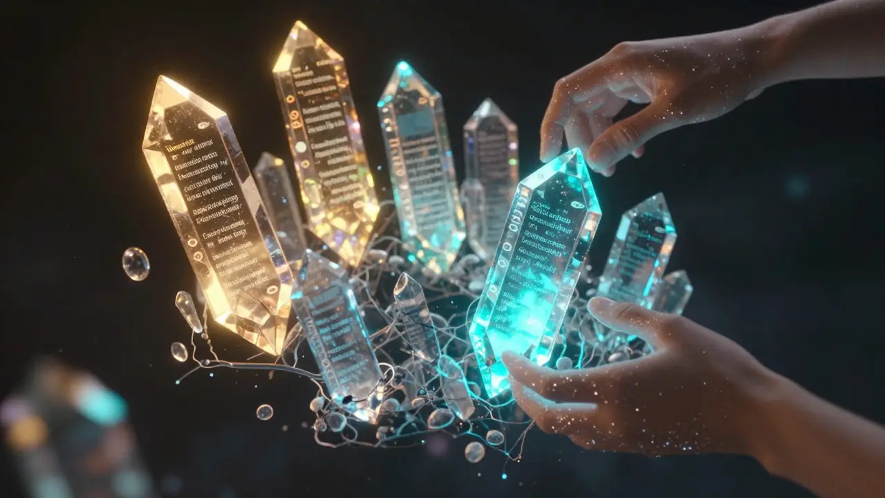 Crystalline blockchain data shards floating in zero gravity