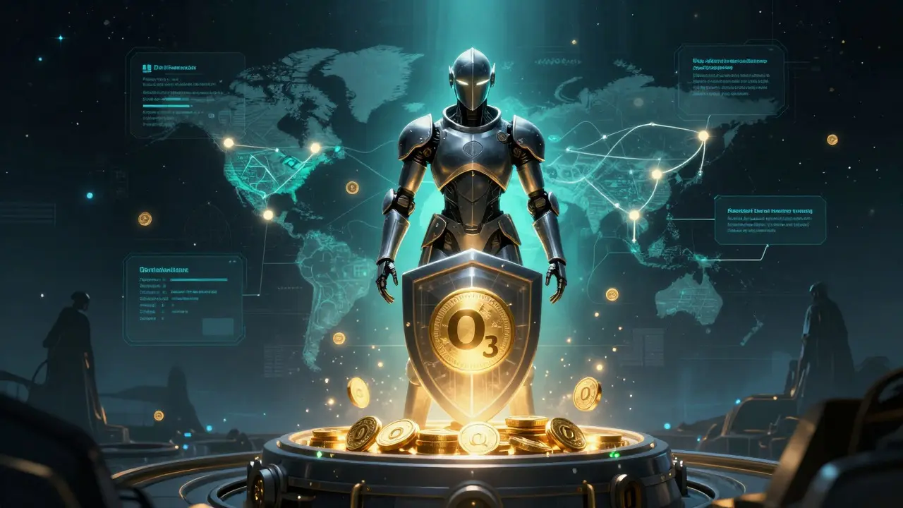 Cybernetic guardian protecting a vault of glowing crypto tokens