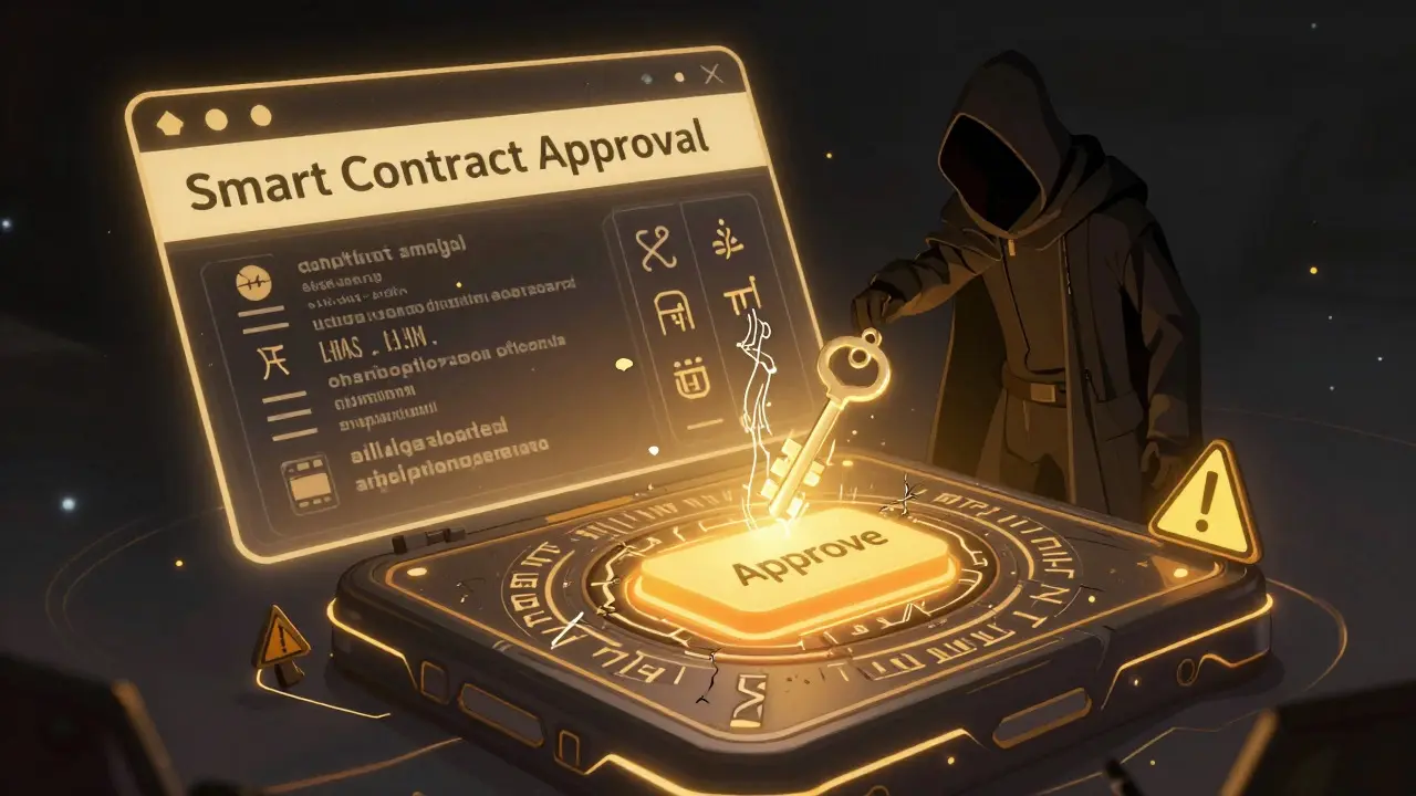 Cybernetic interface showing smart contract approval with shadowy thief stealing keys
