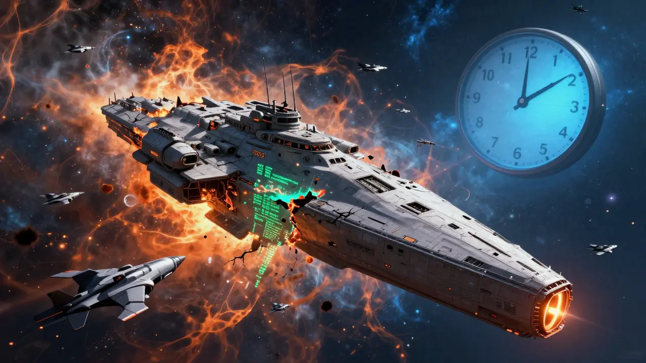 Damaged warship and restricted clock in a chaotic space battle scene