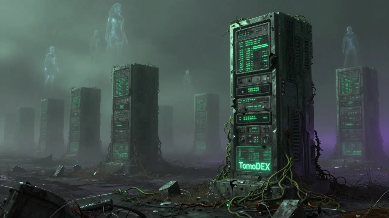 Digital graveyard with crumbling server monoliths and fading ghostly figures