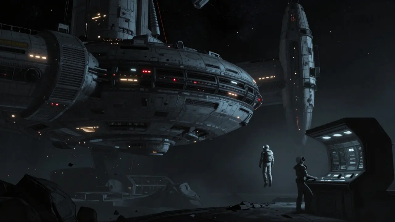 Dimly lit abandoned space station with floating debris and lone astronaut