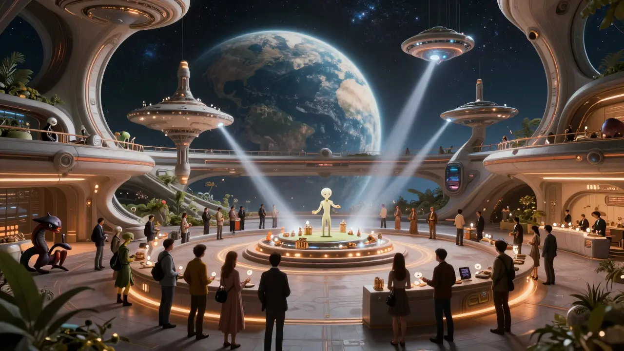 Diverse beings exchanging glowing tokens on a futuristic orbital station