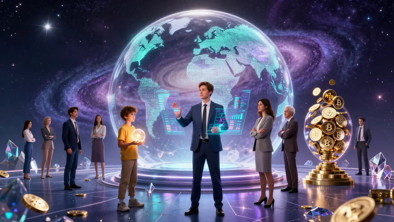 Diverse characters on a crystal platform overlooking a galaxy, representing investor types