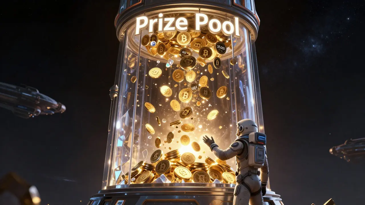 Explorer reaching towards a glowing vault of crypto tokens in a colorful nebula.